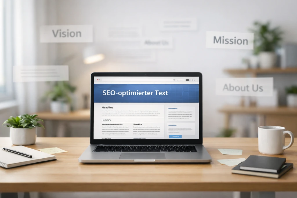 Moderner Arbeitsplatz mit Laptop, auf dem ein SEO-optimierter Website-Text in einem Webseiten-Layout angezeigt wird.