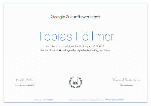 Google Zertifikat Tobias Foellmer1 Der Werbevermittler - Tobias Föllmer
