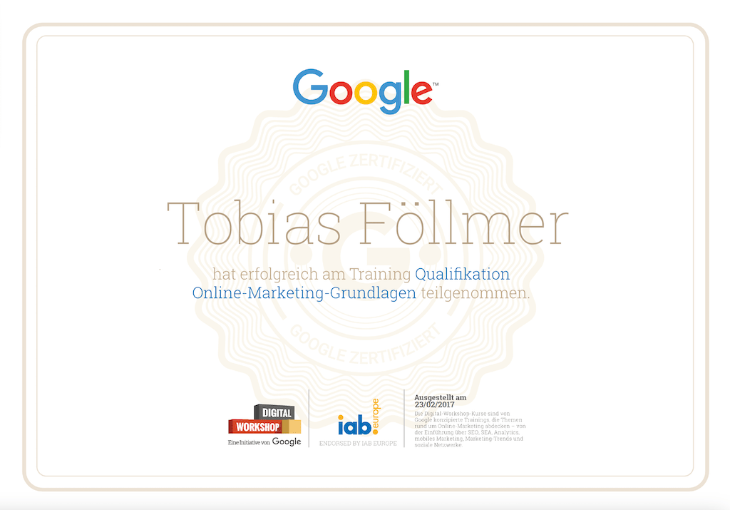 Zertifikat Tobias Foellmer Google Der Werbevermittler - Tobias Föllmer