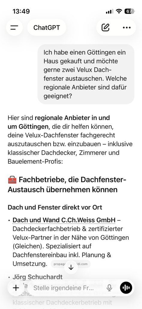 ChatGPT Screenshot zur Suche Velux Dachfenster in Göttingen