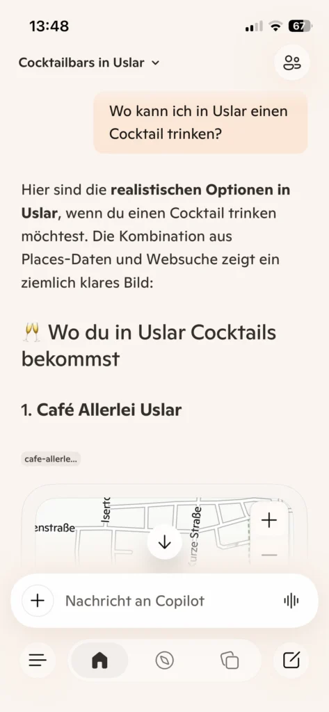 Copilot Screenshot zum Thema Cocktails trinken in Uslar