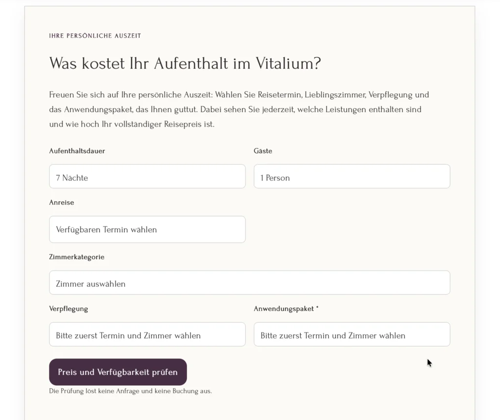 Website-Relaunch für das Vitalium Dr. von Plachy in Bad Lauterberg – mit messbarem Ergebnis 2 Preiskalkulator