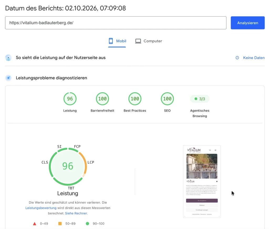 Website-Relaunch für das Vitalium Dr. von Plachy in Bad Lauterberg – mit messbarem Ergebnis 4 Vitalium PageSpeed nach den Relaunch