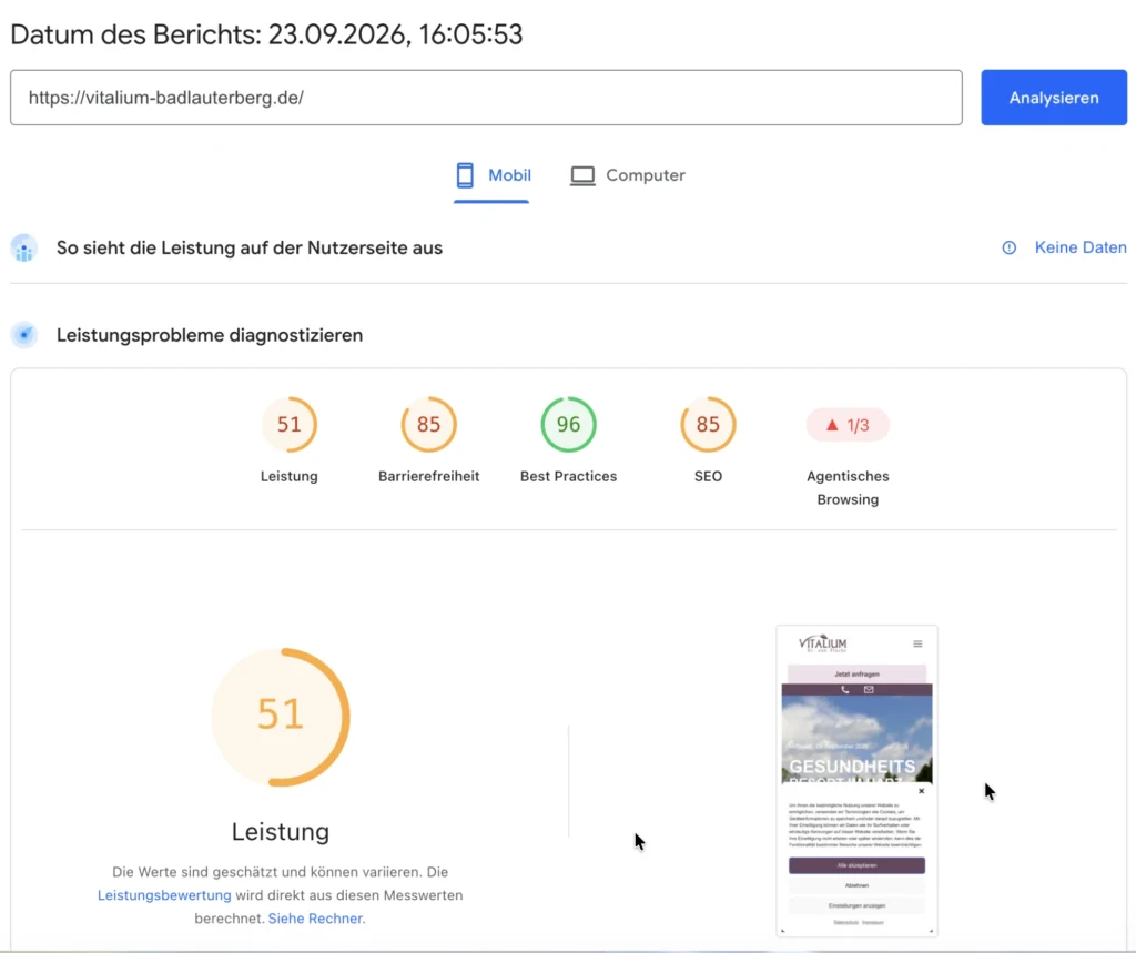 Website-Relaunch für das Vitalium Dr. von Plachy in Bad Lauterberg – mit messbarem Ergebnis 3 Vitalium PageSpeed vor den Relaunch